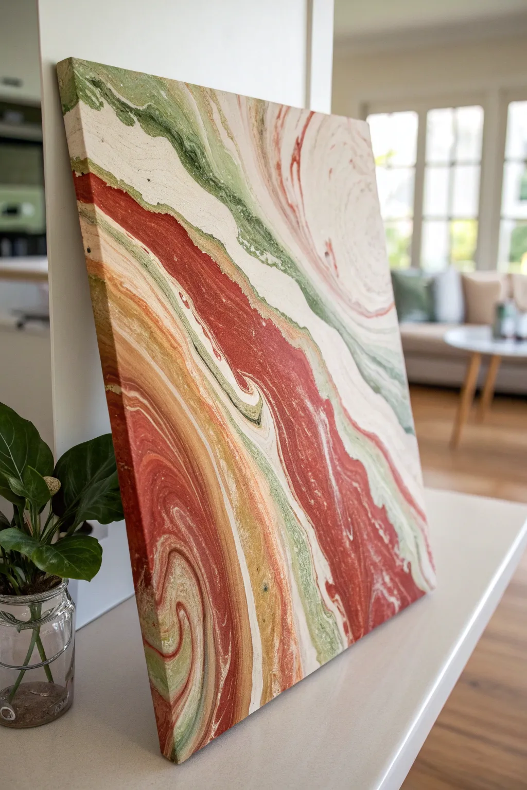 Abstract sauce swirls in red, cream, and pesto green, a modern kitchen-ready canvas idea