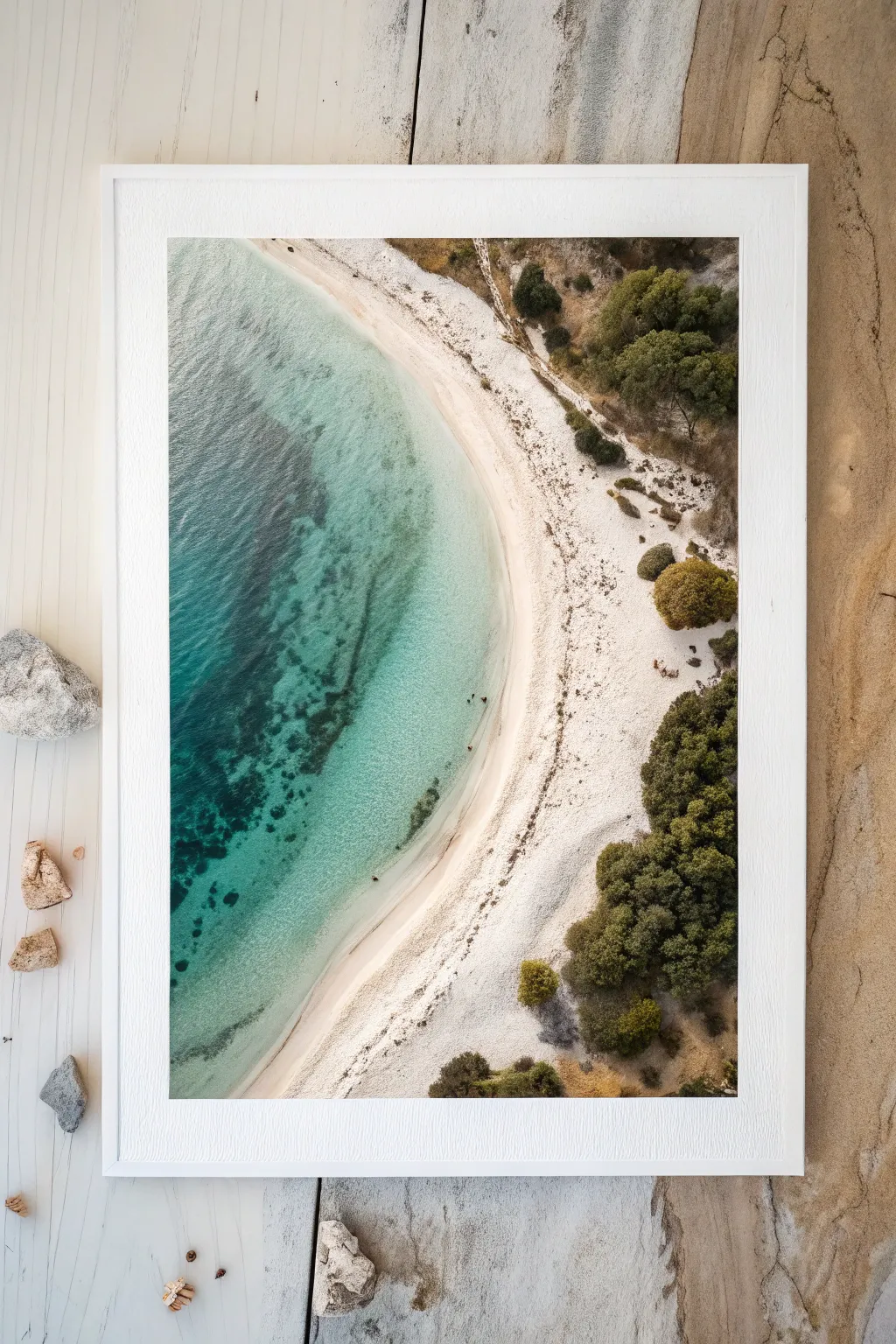 Top-down aerial lake shapes with gentle shore curves and dreamy deep-to-shallow hues