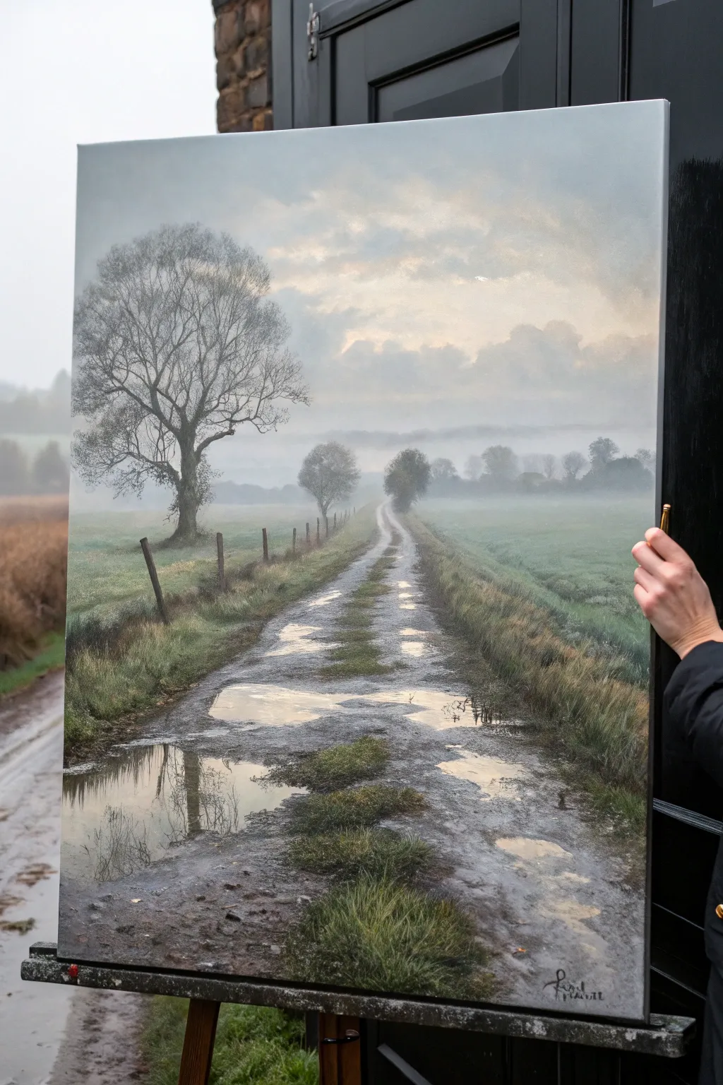 Rainy countryside oil painting idea with misty trees and soft puddle reflections in muted tones