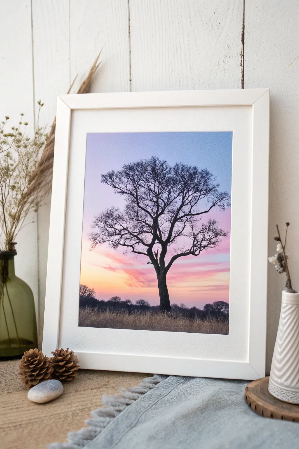 Minimalist silhouette tree idea with a glowing gradient sky for bold, high-contrast landscape art