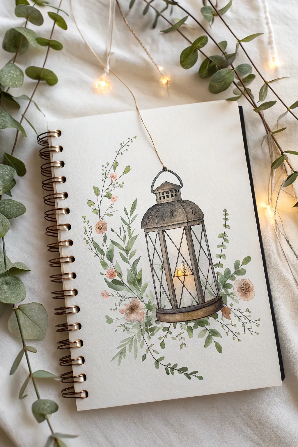 Spring lantern sketch with soft florals and vines, glowing warmly in minimalist style