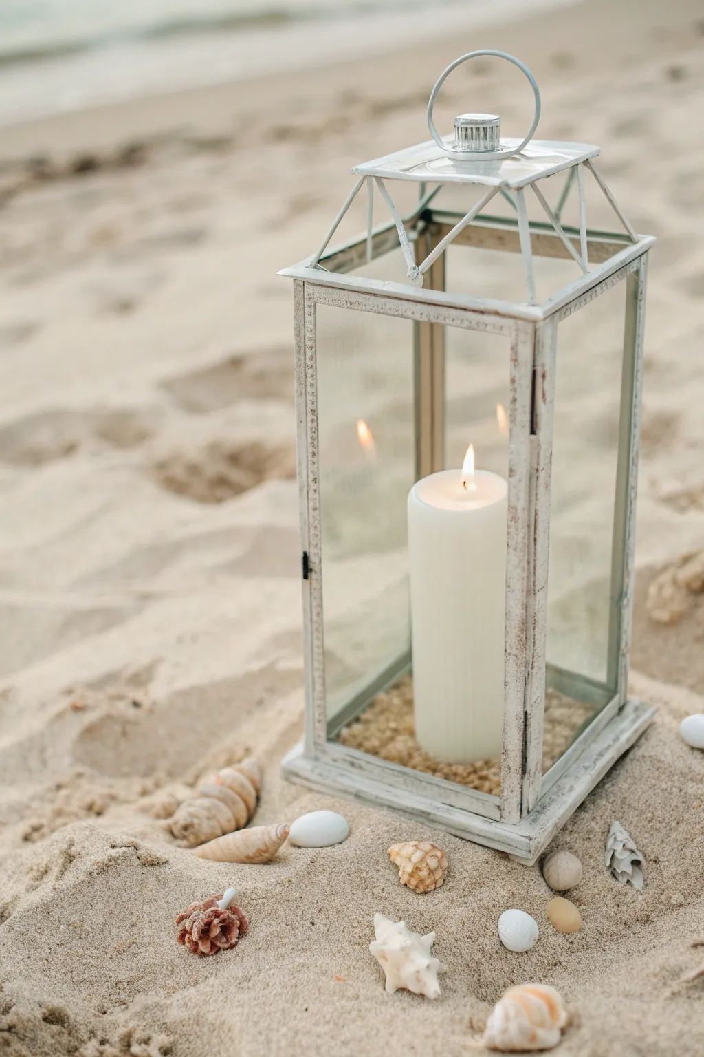 Coastal lantern styling with layered sand, shells, and a single candle for serene beach vibes.