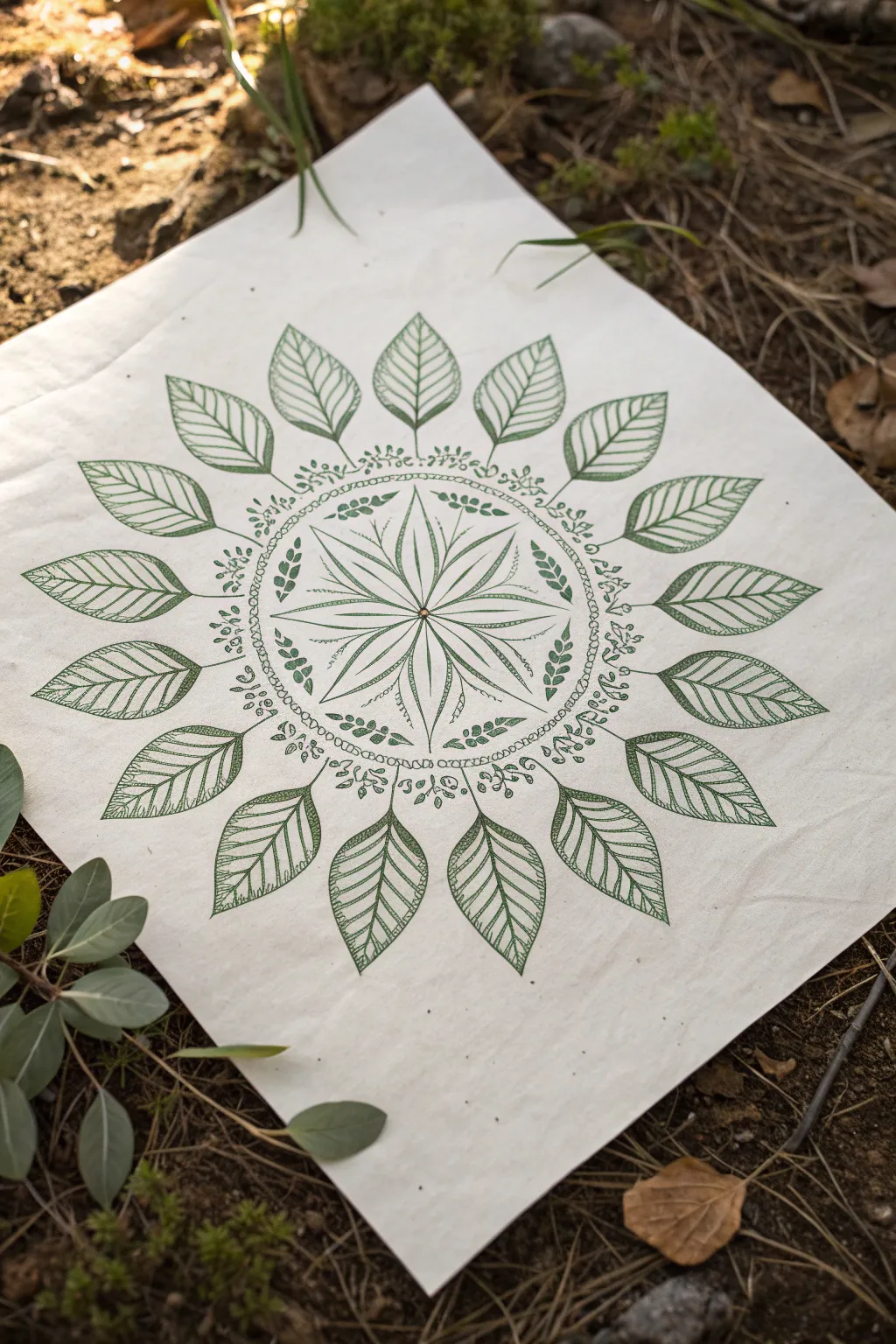 Symmetrical leaf mandala with clean linework, calming balance, and soft boho minimal style