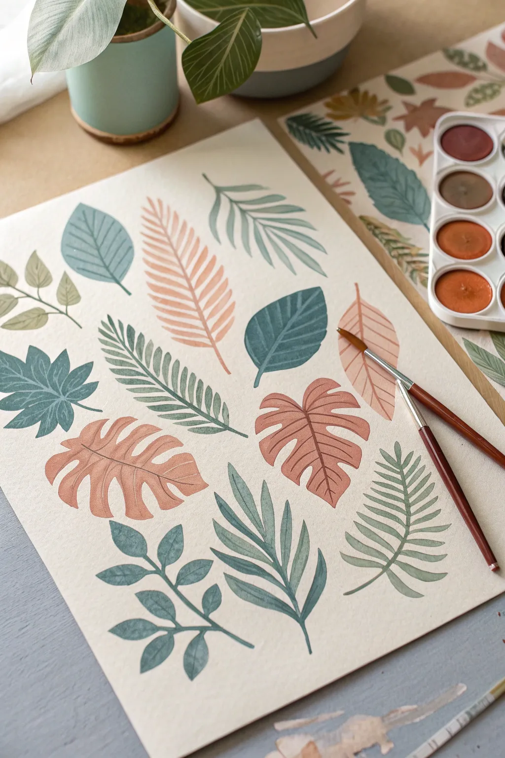 Hand-painted paper leaves arranged in a simple collage, with scraps and scissors for cozy craft vibes.