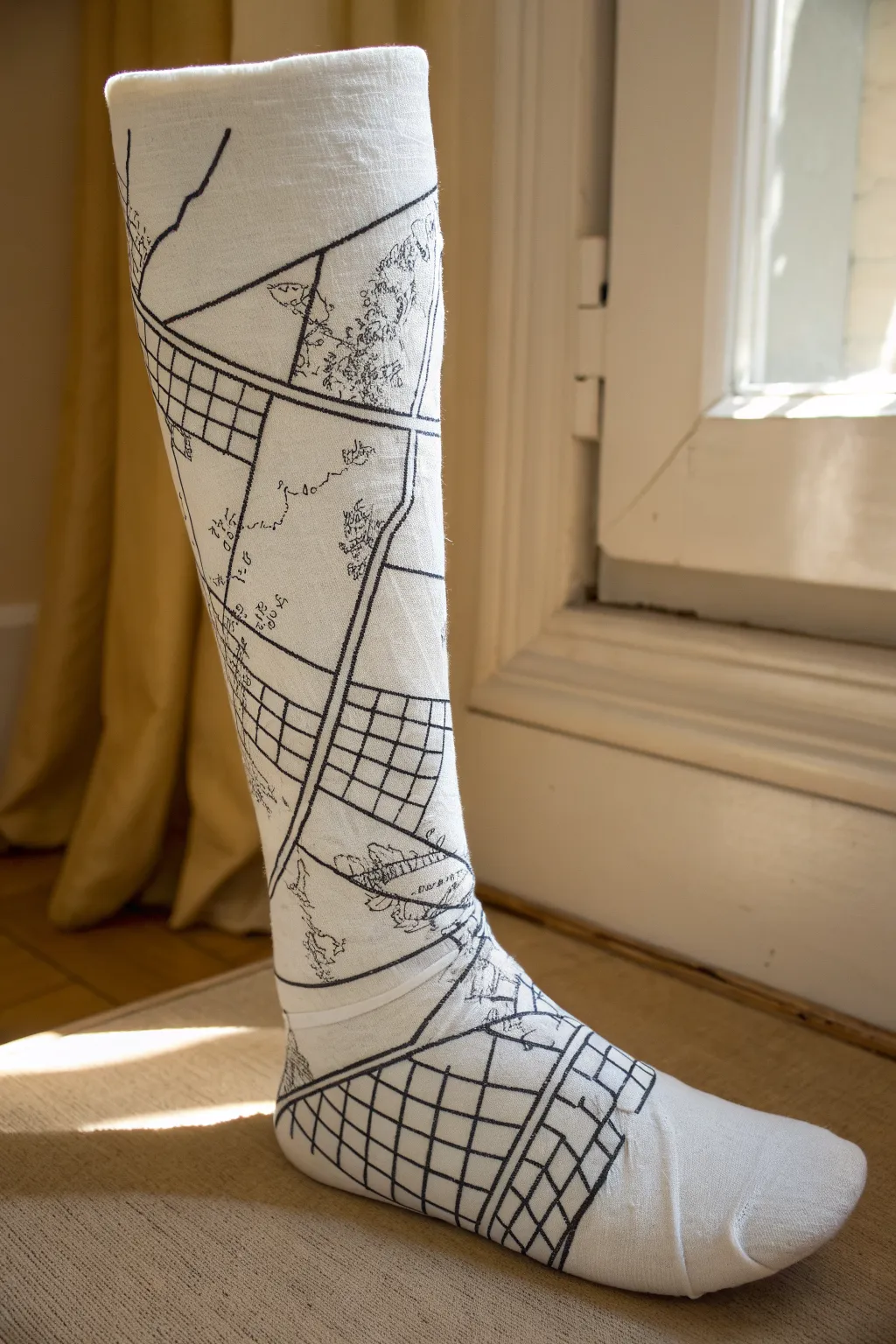 Minimalist leg cast city map with a crisp street grid and bold route line from ankle to knee