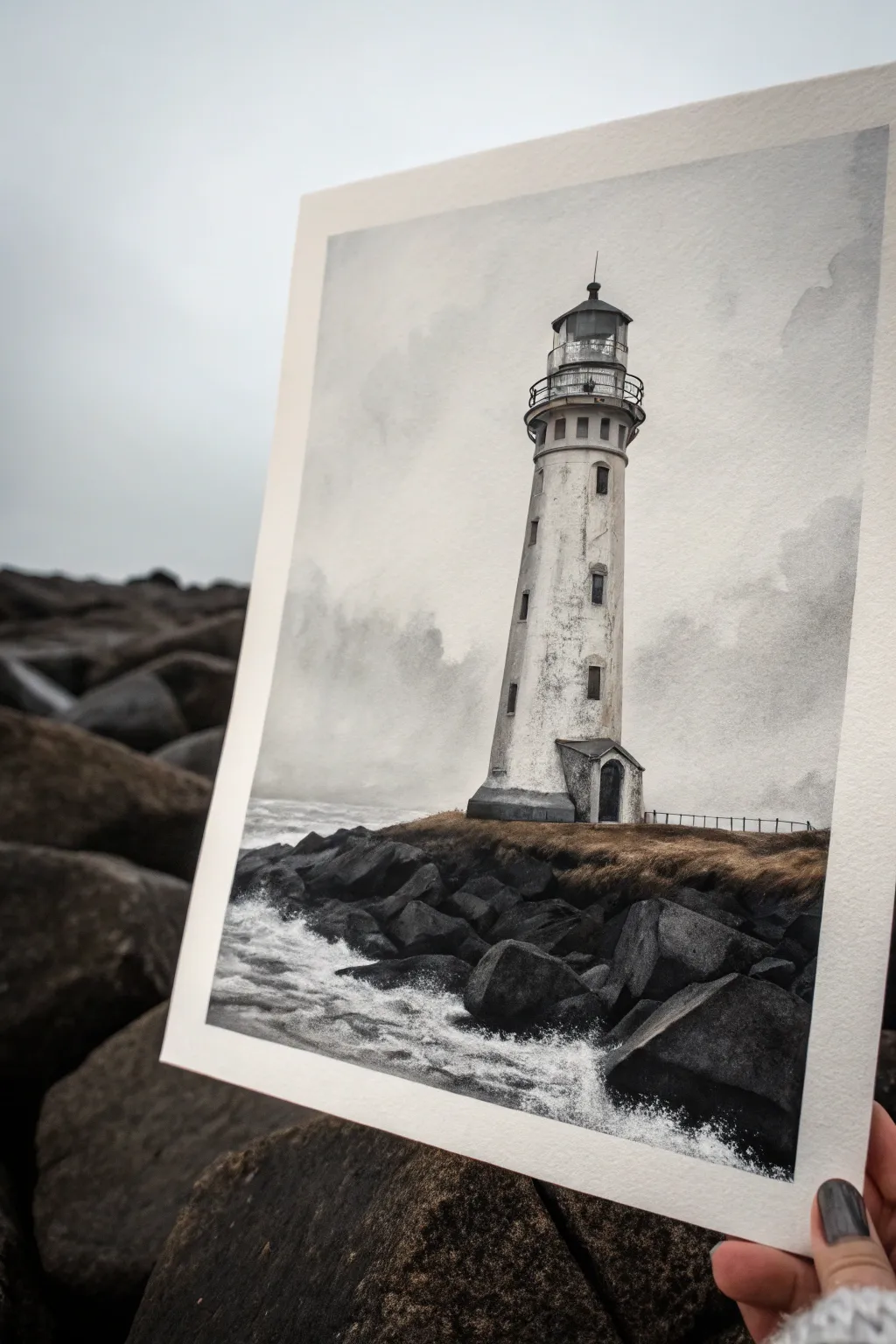 Grayscale lighthouse value study with bold light and shadow for a serene minimalist look.