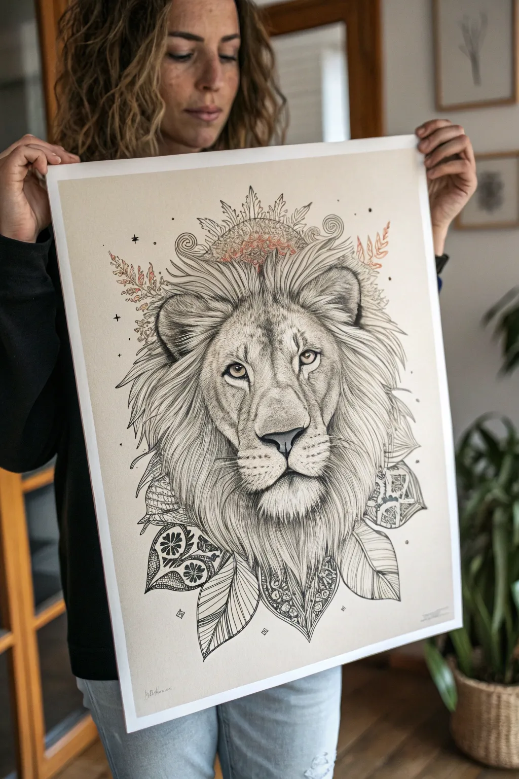 Abstract lion mane of boho patterns, clean Scandinavian lines, bold contrast for easy sketching.