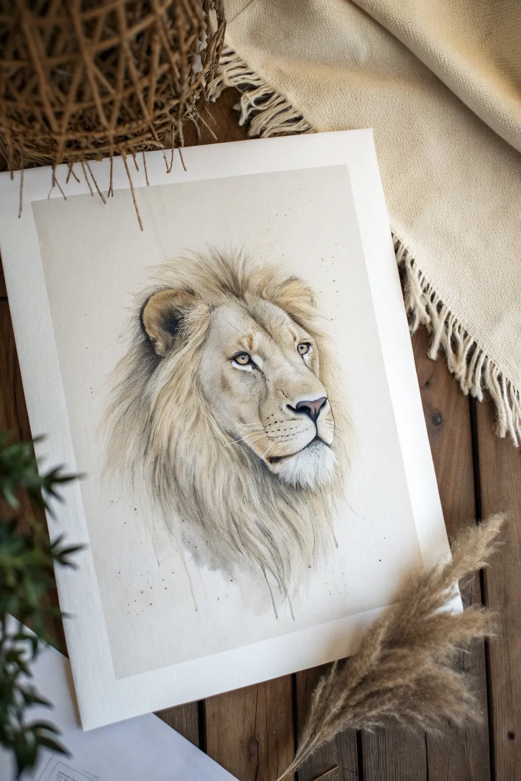 Negative-space lion mane on white paper, with bold ink face anchors for a calm modern look