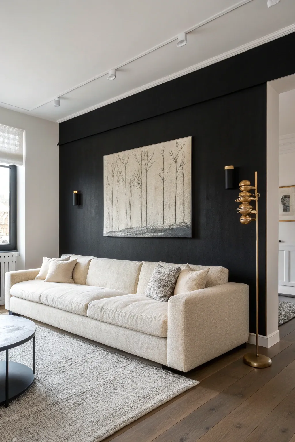 Black accent wall drama with warm brass light and airy neutrals, Scandinavian boho calm