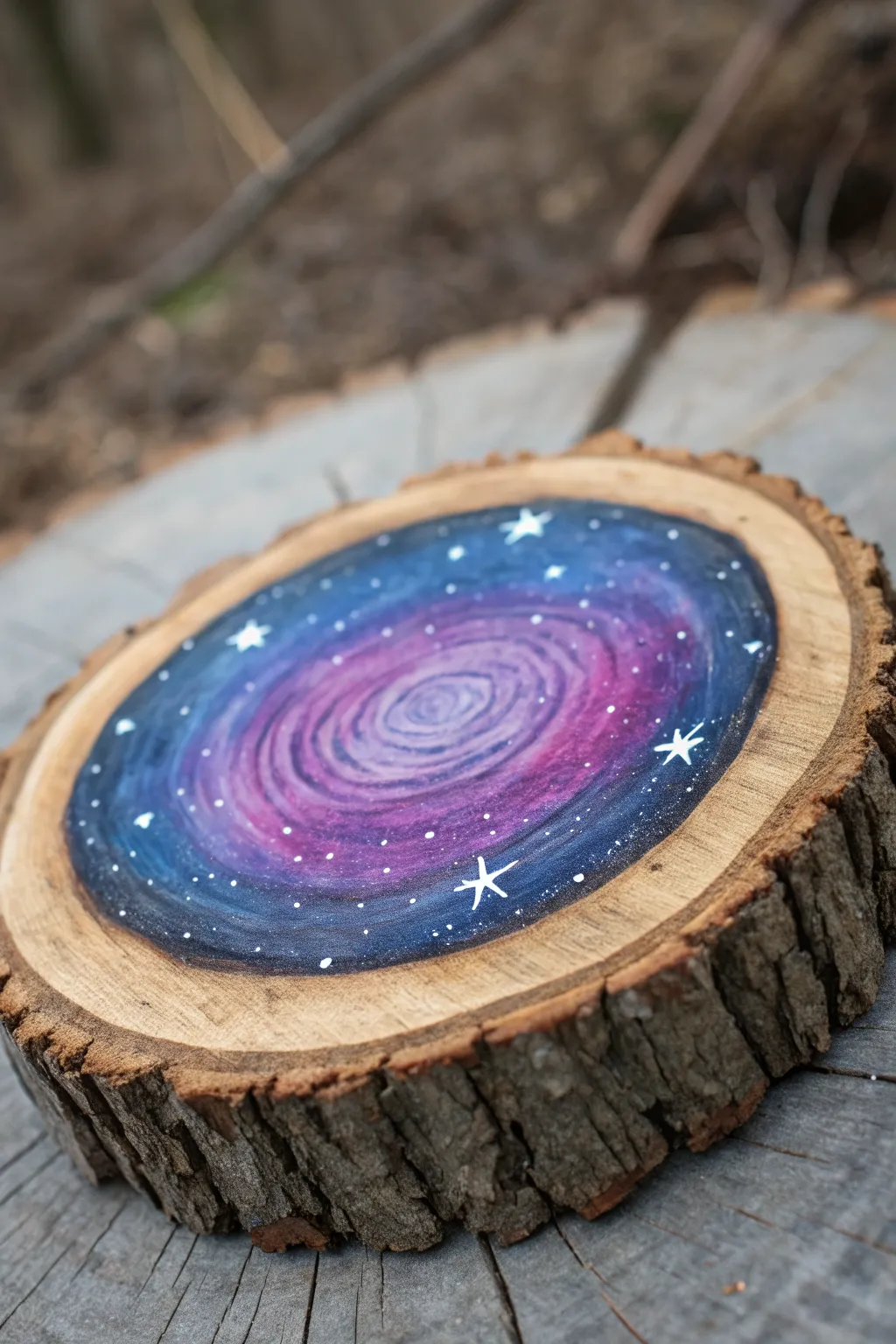 Galaxy swirl log painting with splatter stars, rich purples and blues, clean minimalist vibe