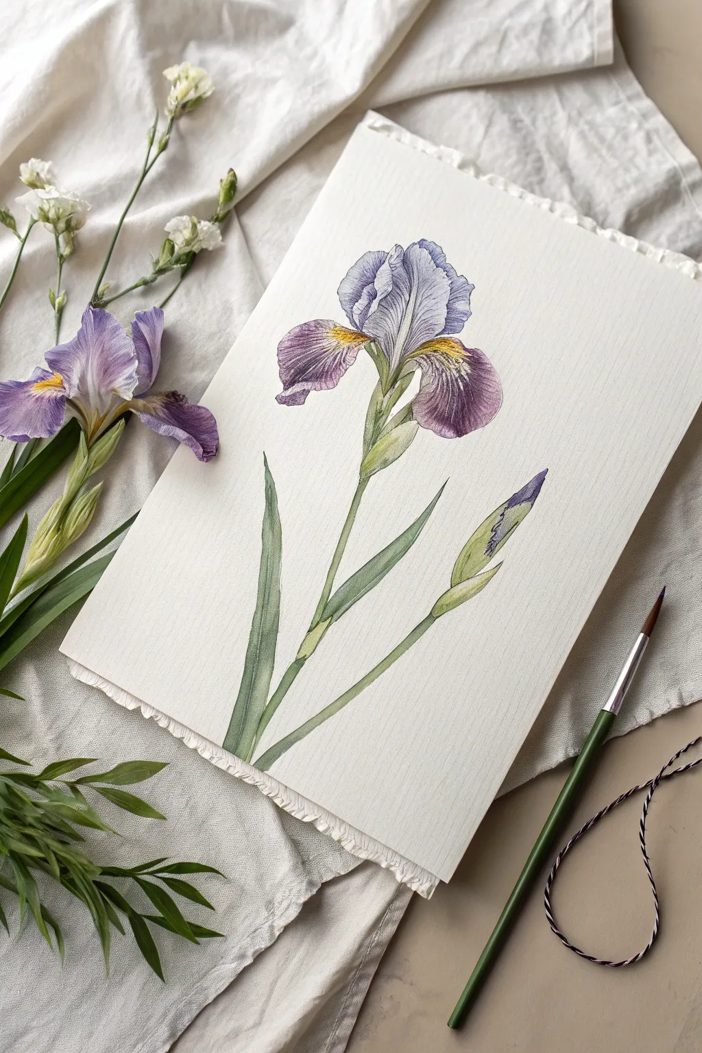 Louisiana iris line-and-wash study with soft color, crisp ink, and calming minimalist white space