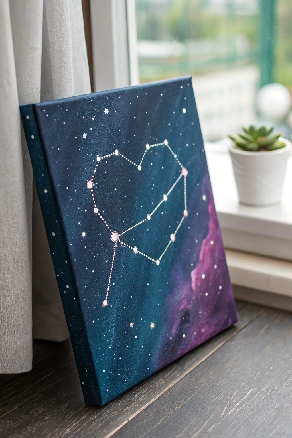 DIY romance: a heart constellation glowing in a minimalist galaxy canvas, soft boho hues.