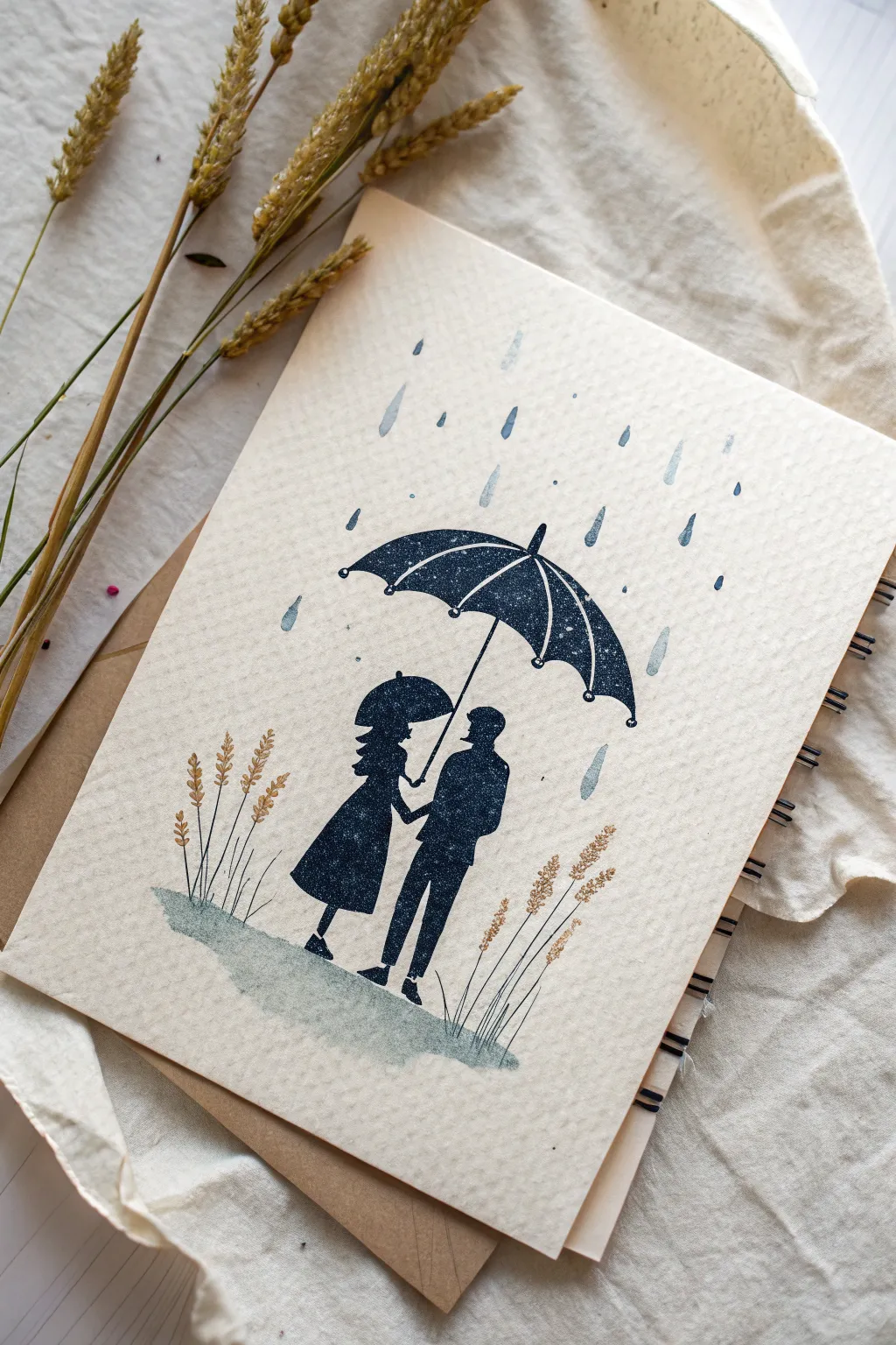 Two silhouettes under one umbrella, a minimalist loyalty sketch for hard times together.