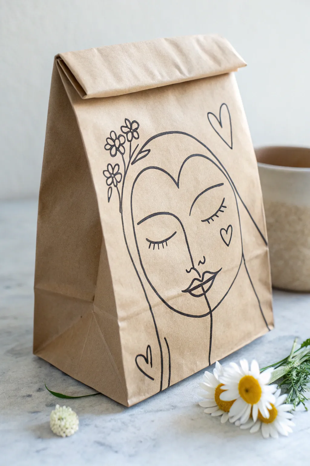 Simple one-line face lunch bag sketch with a tiny heart detail, clean and cozy minimalist style