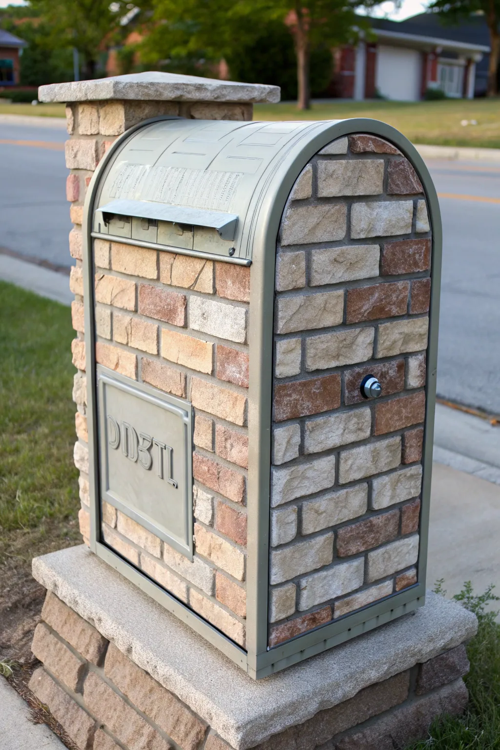 Faux brick hand-painted mailbox with shaded mortar lines and subtle sponge texture, minimalist boho