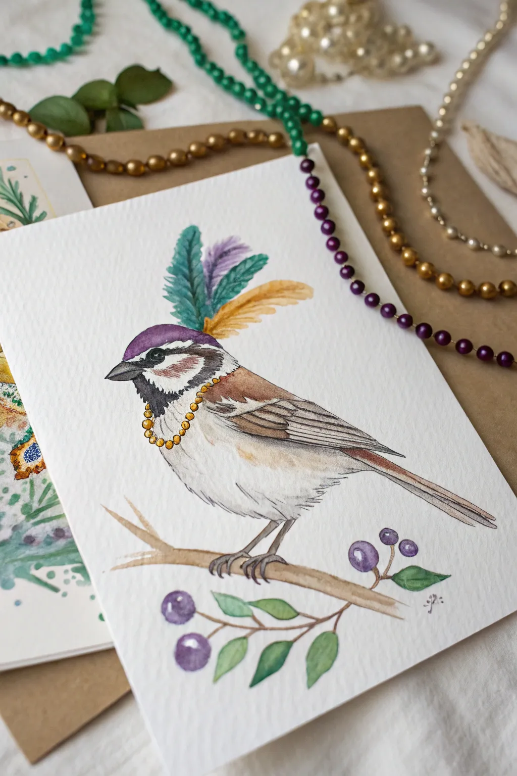 Whimsical Mardi Gras bird with a tiny mask and layered beads, easy carnival painting inspo