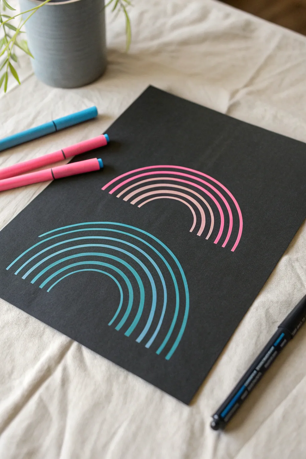 Create striking high-contrast art by using opaque neon markers on dark charcoal paper.
