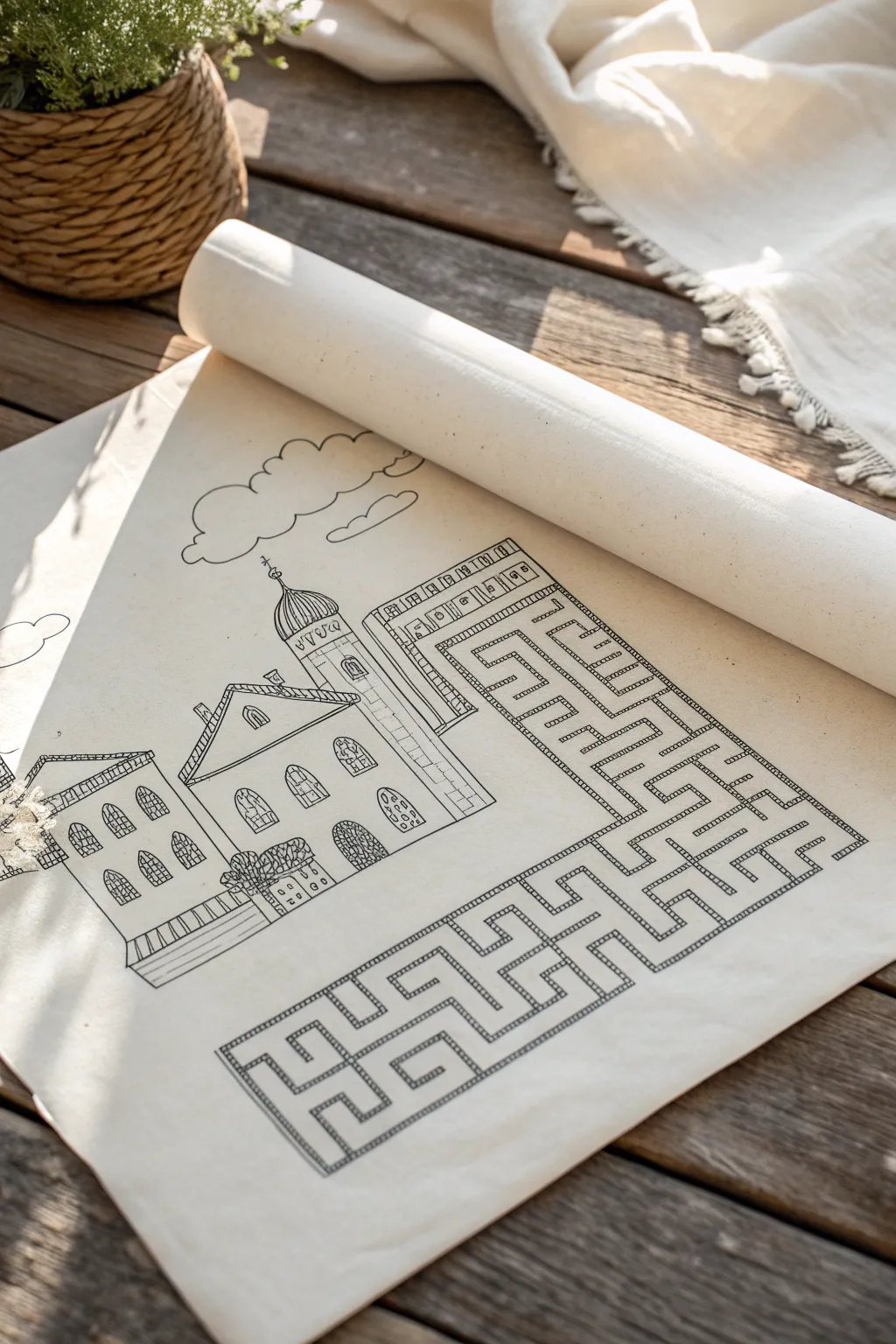 Skyline architecture maze line art in a minimalist Scandinavian style with boho warmth and bold contrast