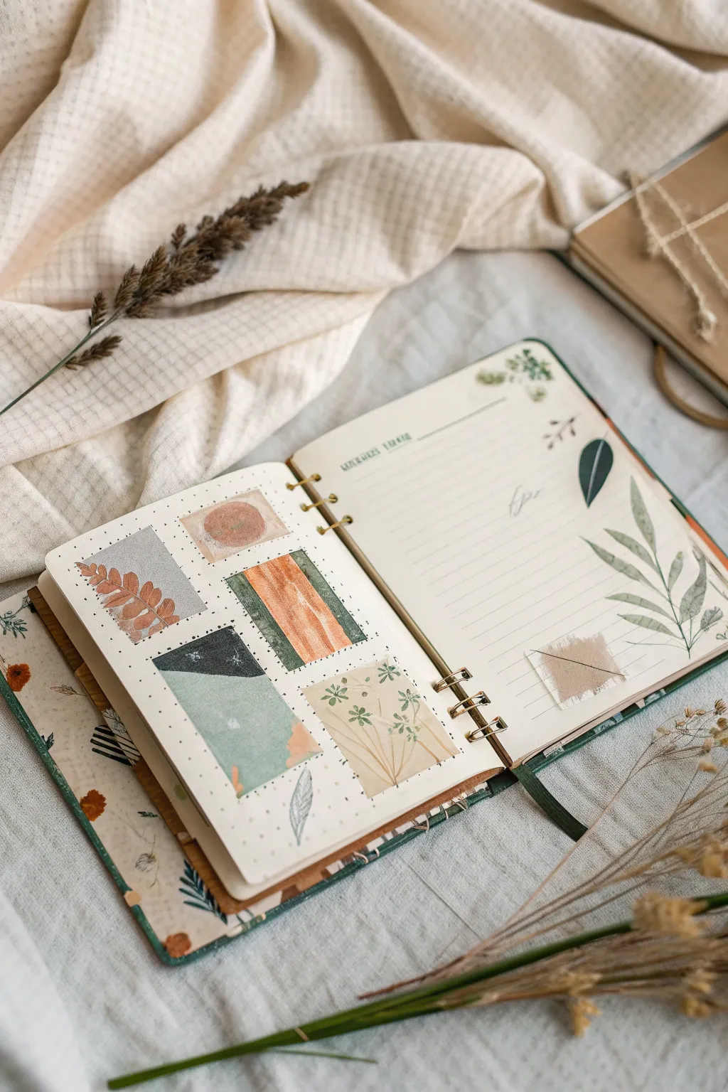 Playful art journal spread with layered paper, paint swatches, and bold ink marks