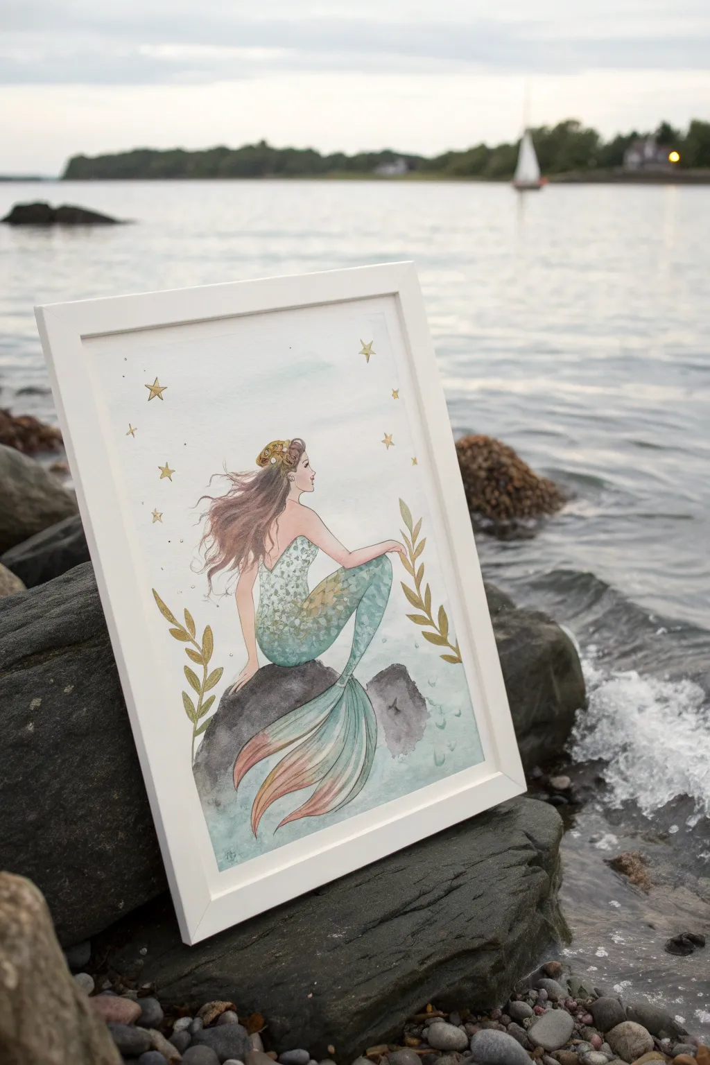 Mermaid on a dark rock with a dreamy, rippled mirror reflection in minimalist watercolor