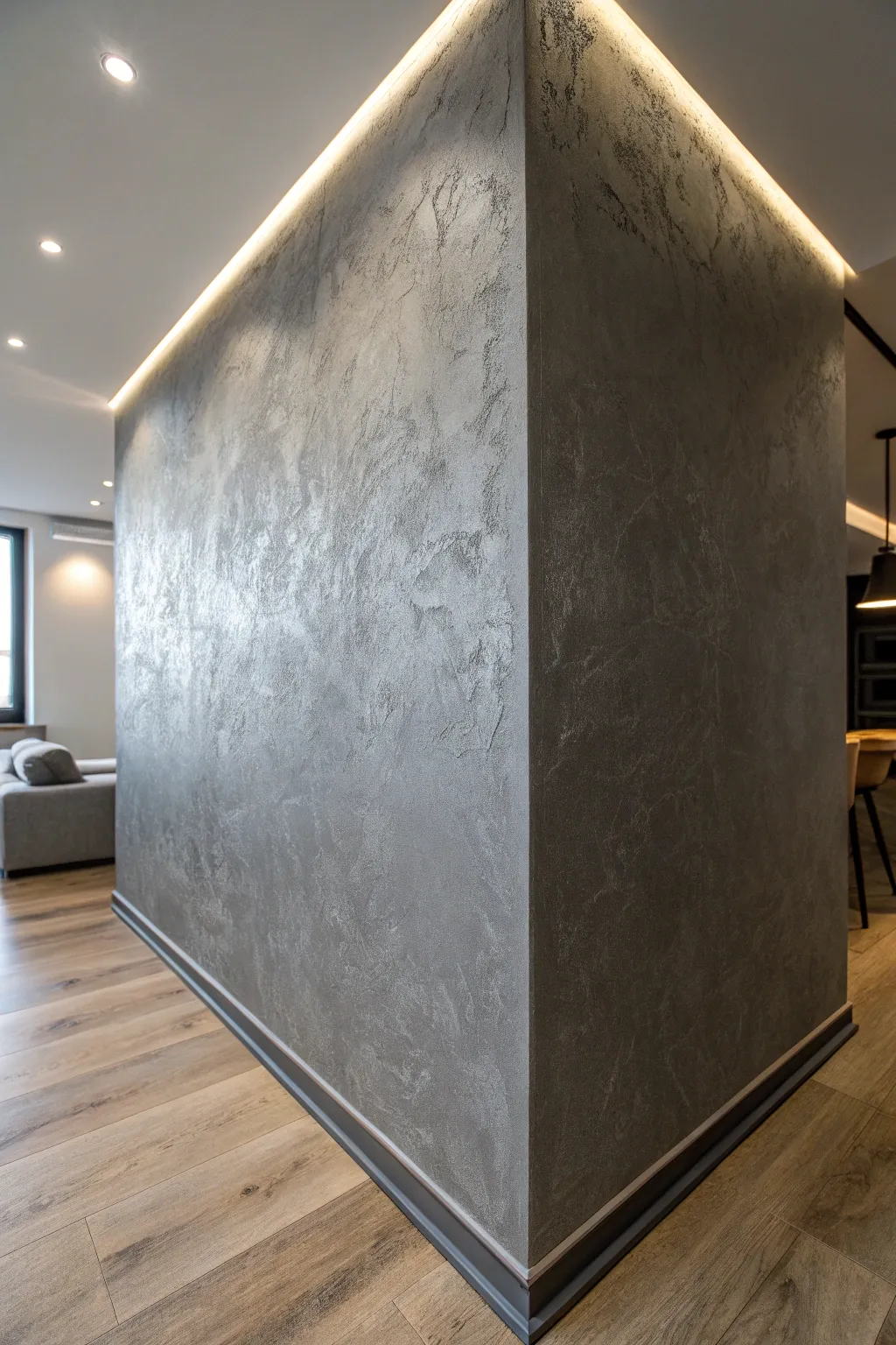 Gray metallic concrete wall finish that shifts from velvety matte to soft industrial shimmer.
