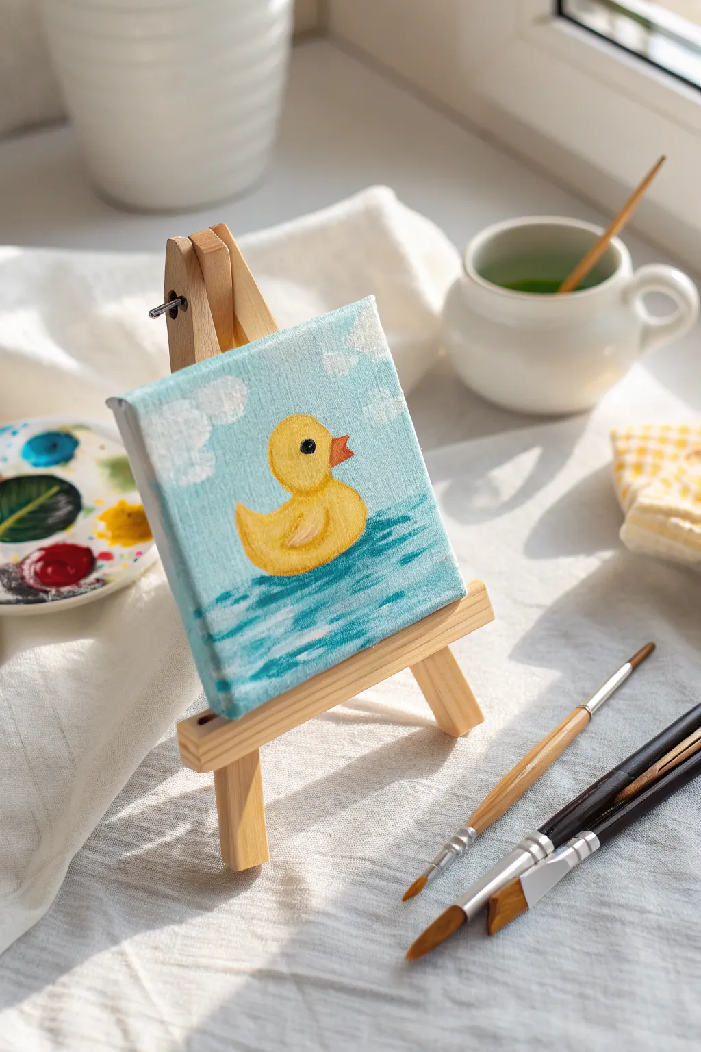 Bring a splash of joy to your space with this adorable rubber duck mini canvas painting.