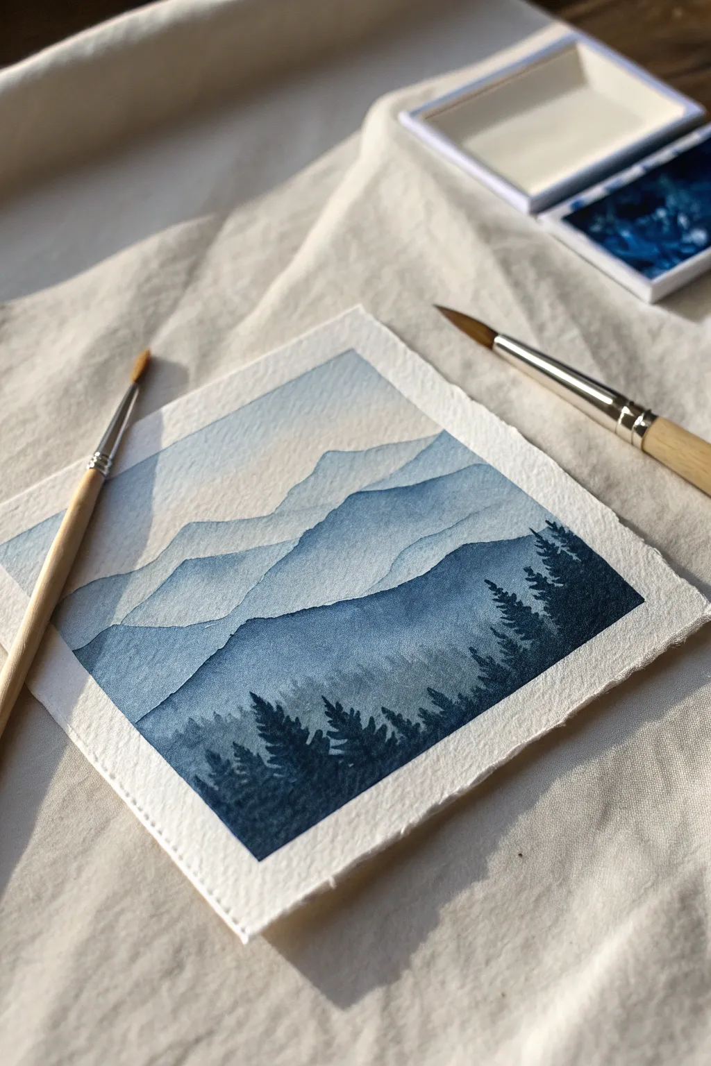 Create peaceful vibes with this simple monochrome blue mountain study.