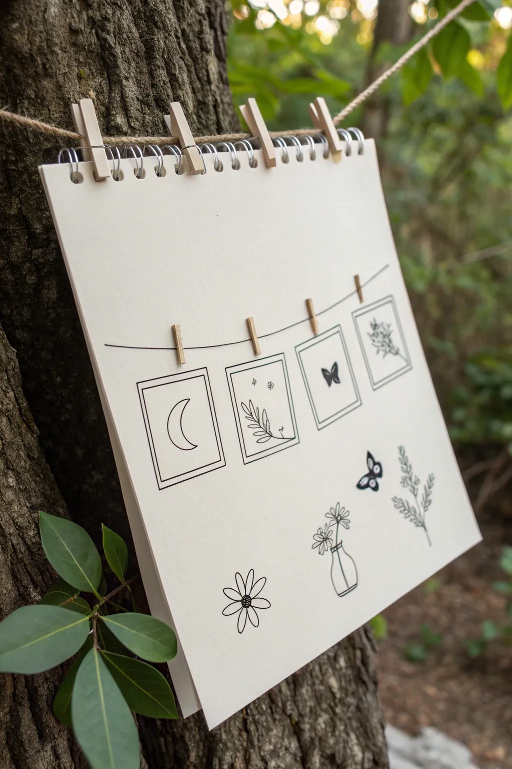 Tiny clothesline of mini frames, a calm minimalist idea for practicing miniature sketch details.