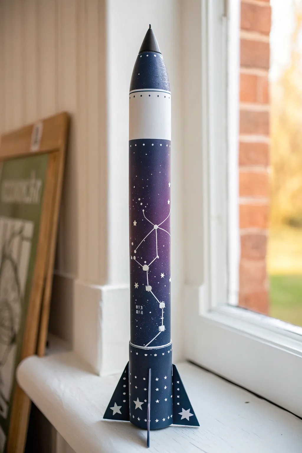 Constellation line art over a midnight rocket panel for a minimalist galaxy paint idea
