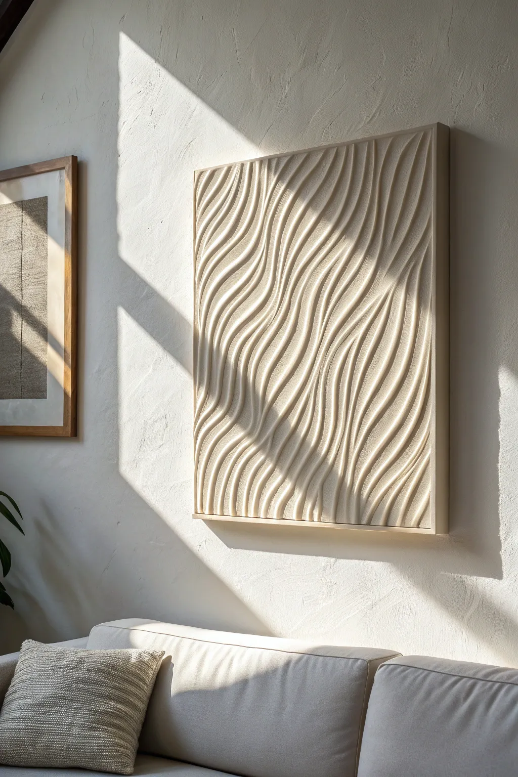 Minimal tone-on-tone 3D plaster ridges create calm drama with sunlight shadows in the living room
