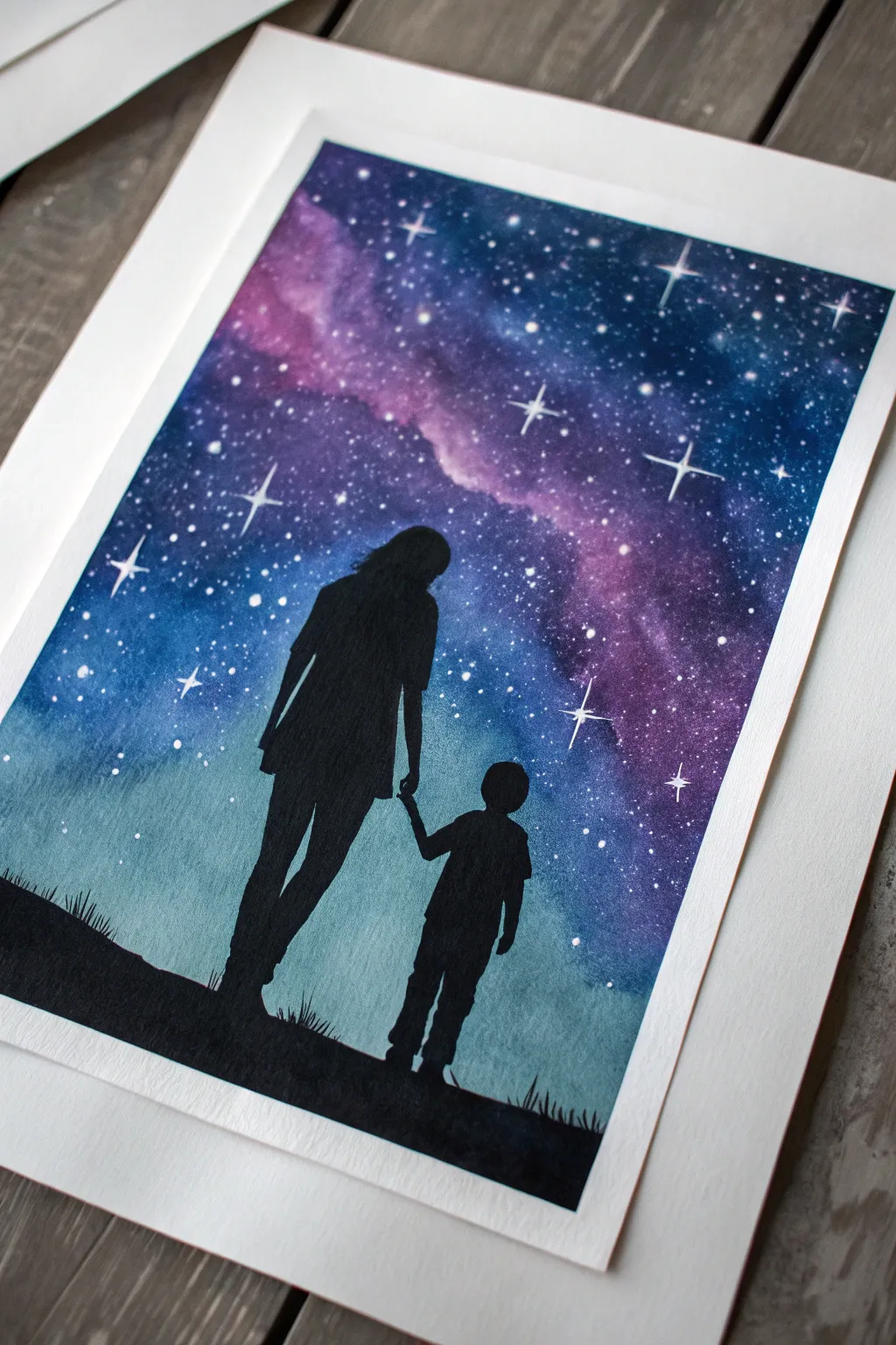 Galaxy mom and son silhouette painting with crisp star splatter and calm minimalist boho contrast.