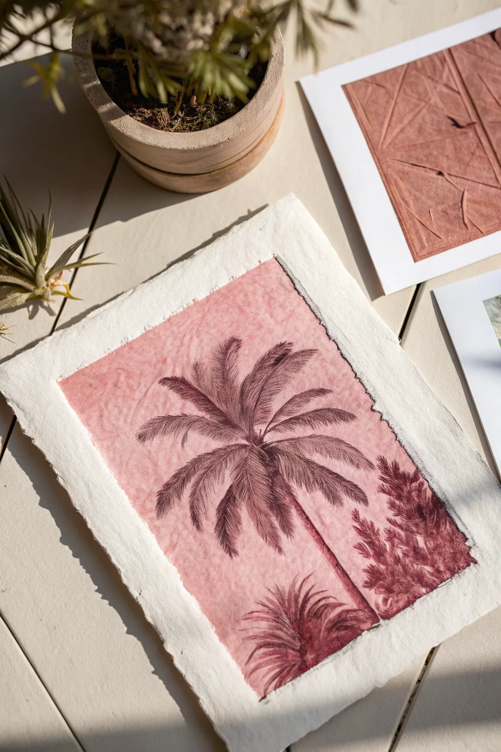 Monochrome collage in one hue, torn layers from pale to deep for calm tactile depth