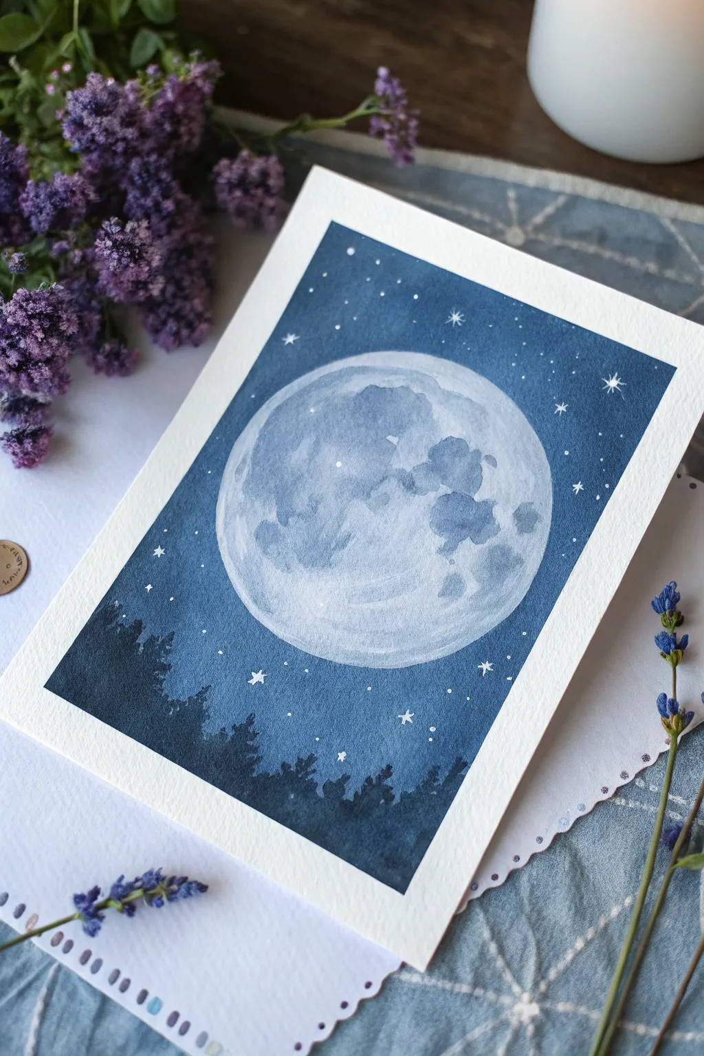 Monochrome night sky painting: soft moon glow and starry depth in calm minimalist style