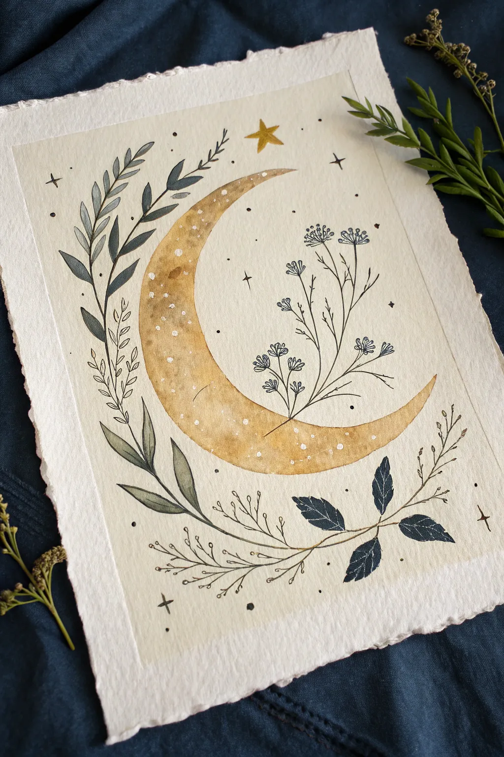 Fantasy crescent moon painting with botanical patterns and subtle gold accents on a deep night sky.