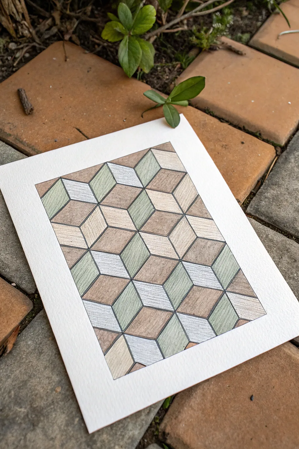 Minimalist boho mosaic cubes with crisp lines and high-contrast shading for a 3D illusion