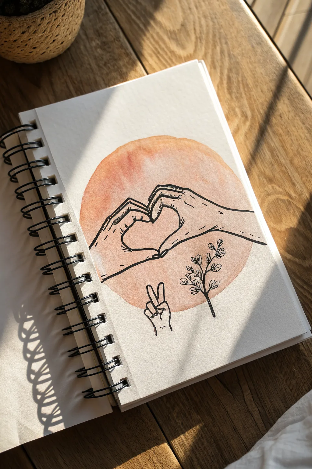 Draw mother and son hands forming a heart, a minimalist keepsake with a soft watercolor halo