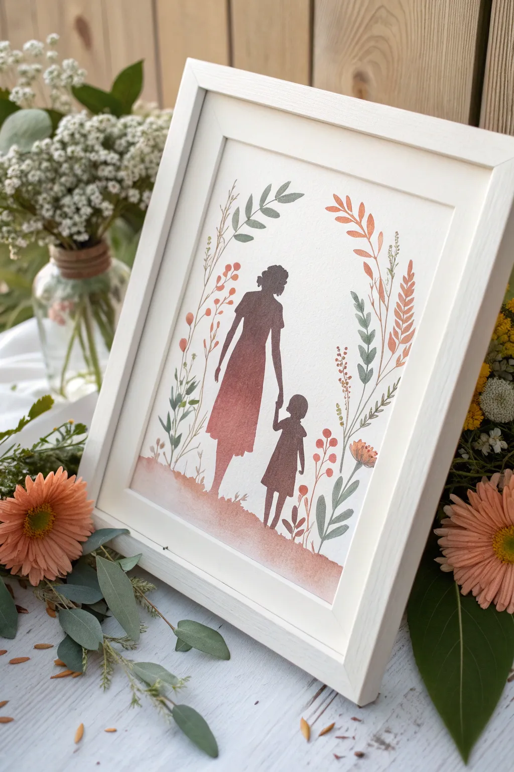 Crisp mother daughter negative space silhouette framed by soft boho florals in watercolor