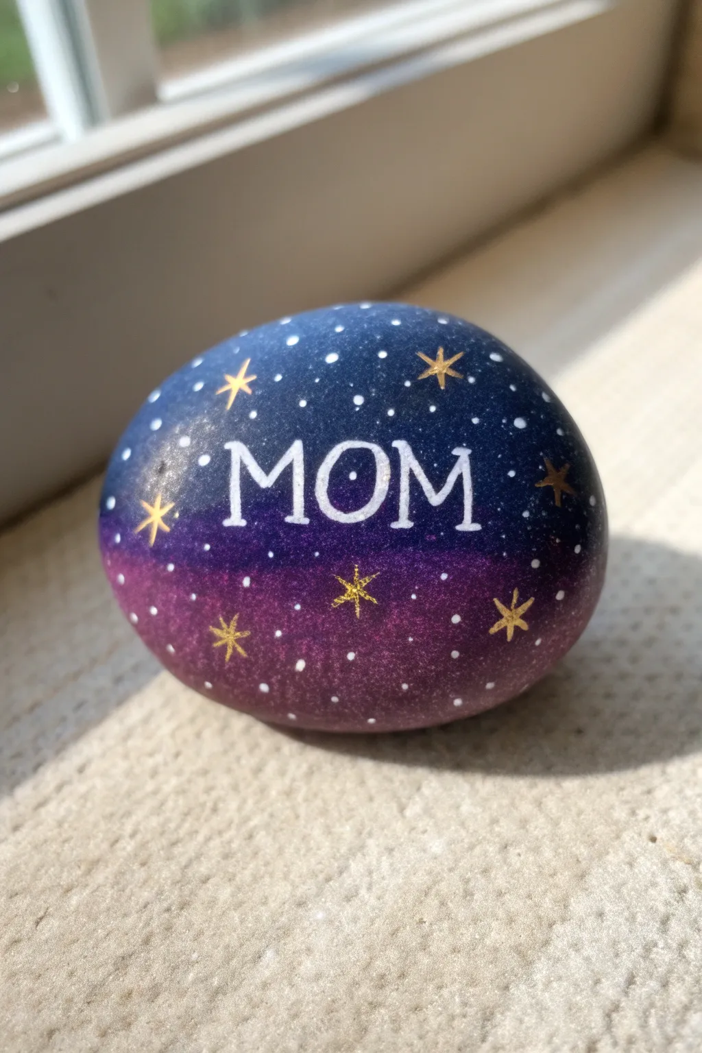Navy purple galaxy rock with delicate gold flecks and a bold Mom centerpiece for Mothers Day