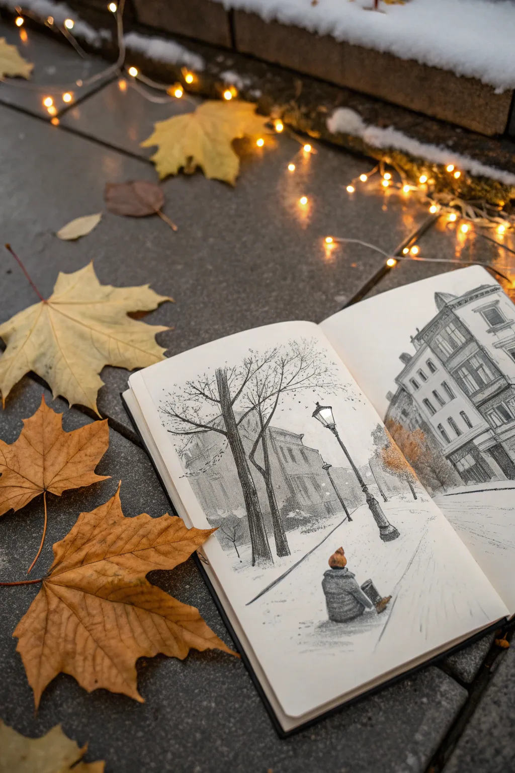 Repaint a classic movie street into cozy winter magic with snow, leaves, and glowing lights.