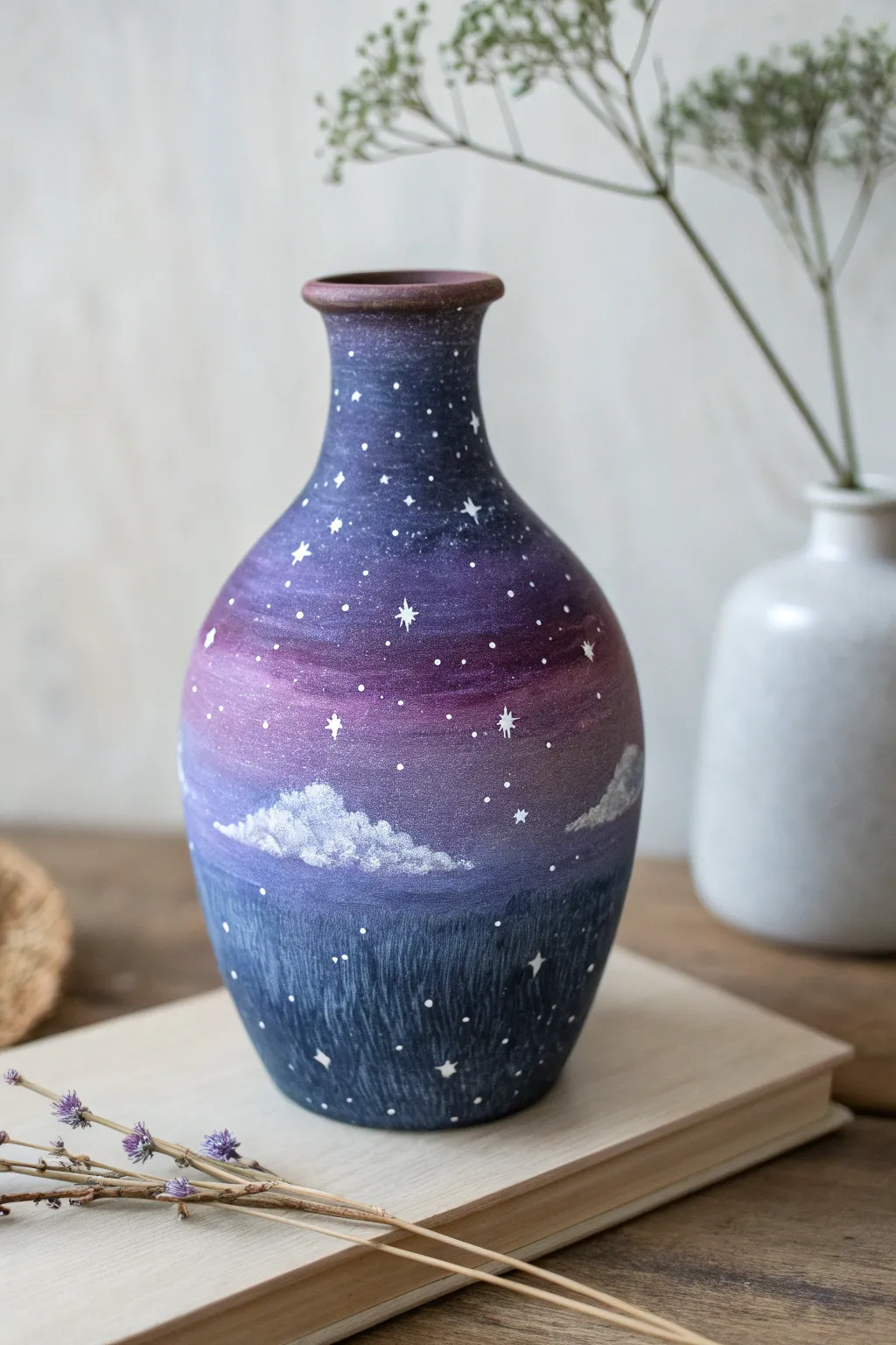 Galaxy night sky mud vase in deep navy and purple, styled simply for dramatic contrast.