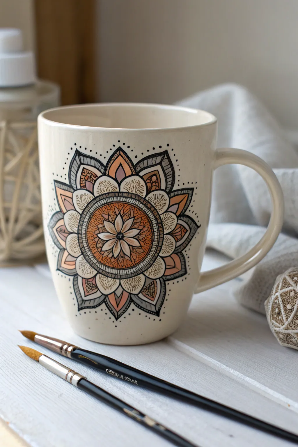 Minimalist mug with centered mandala medallion, perfect inspiration for precise brushwork.