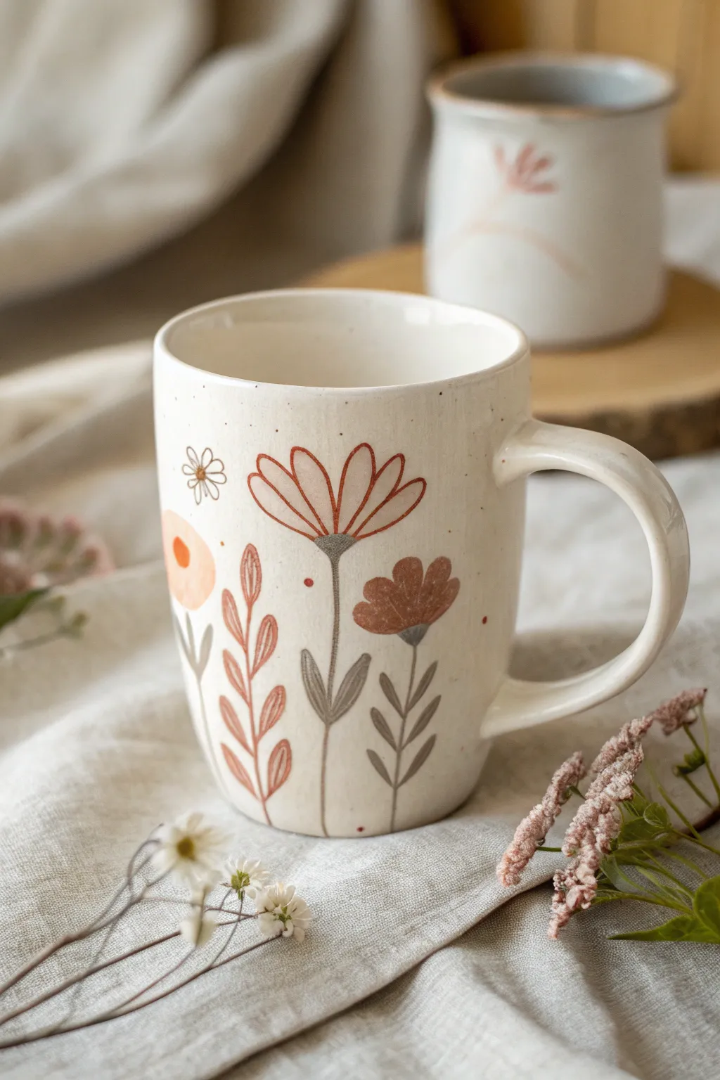 Simple floral mug with raised 3D centers that catch light for easy, touchable texture.