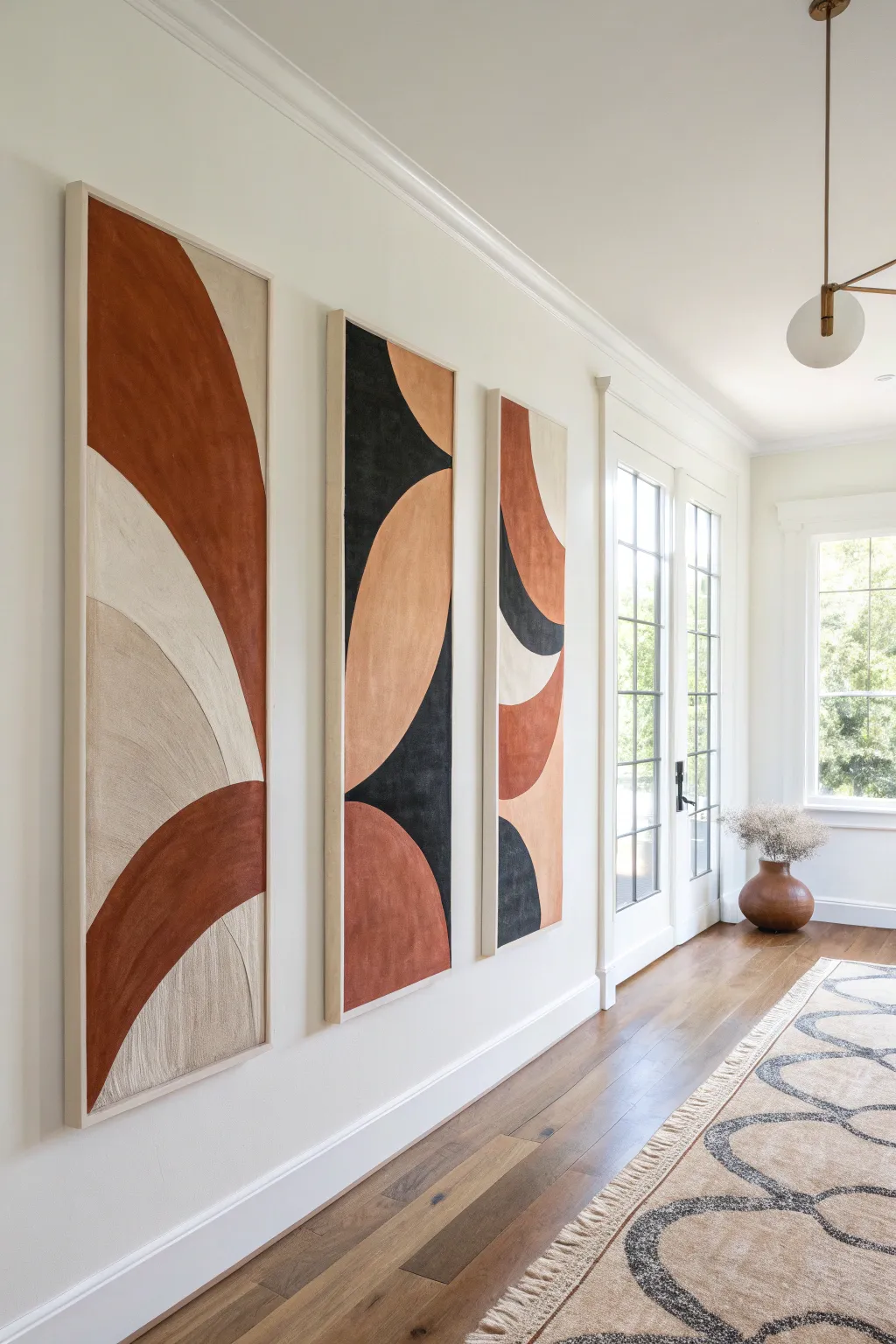 Three minimalist canvases using the wall gap as intentional negative space, calm boho tones.