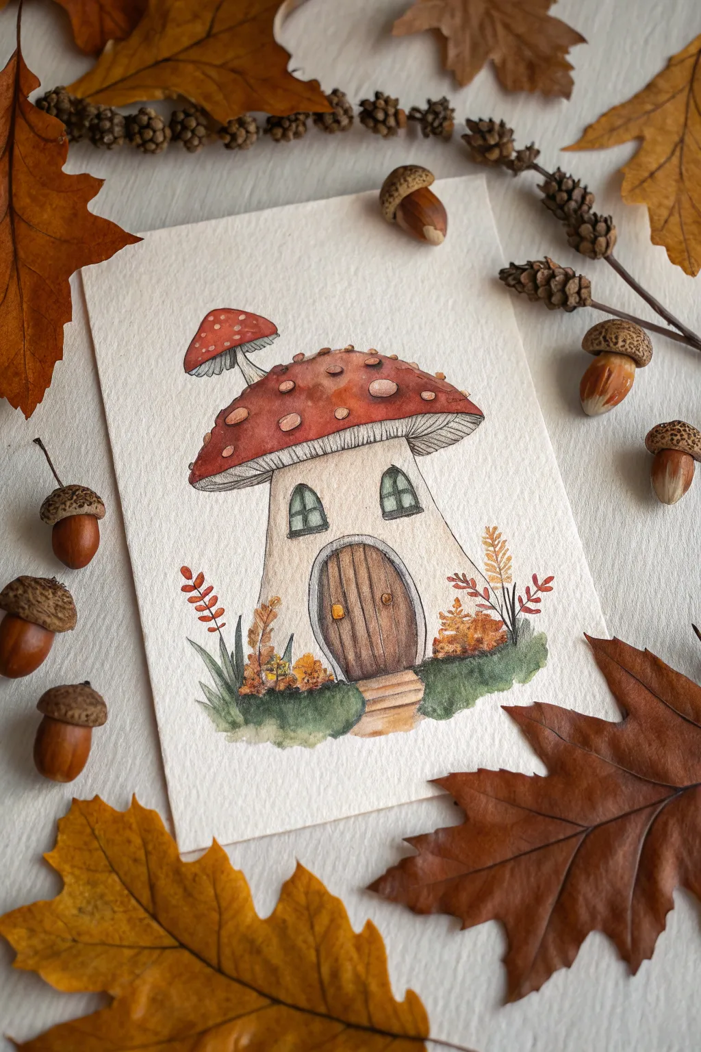 Cozy mushroom house sketch framed by autumn leaves, acorns, and curling vines in warm earthy tones