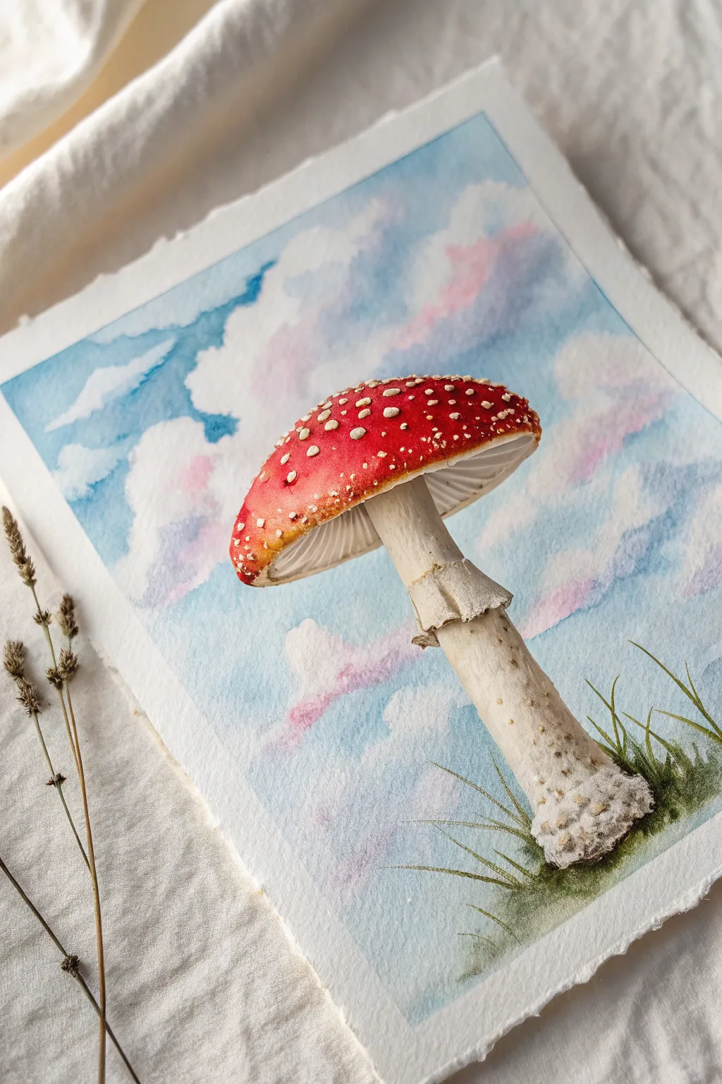 Dreamy surreal mushroom floating through pastel clouds, minimalist boho watercolor inspiration
