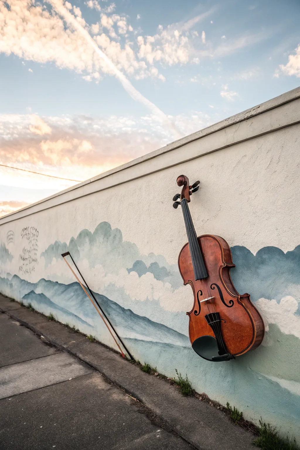 Surreal mural idea: a floating violin over misty gradients, minimalist Scandinavian boho mood.