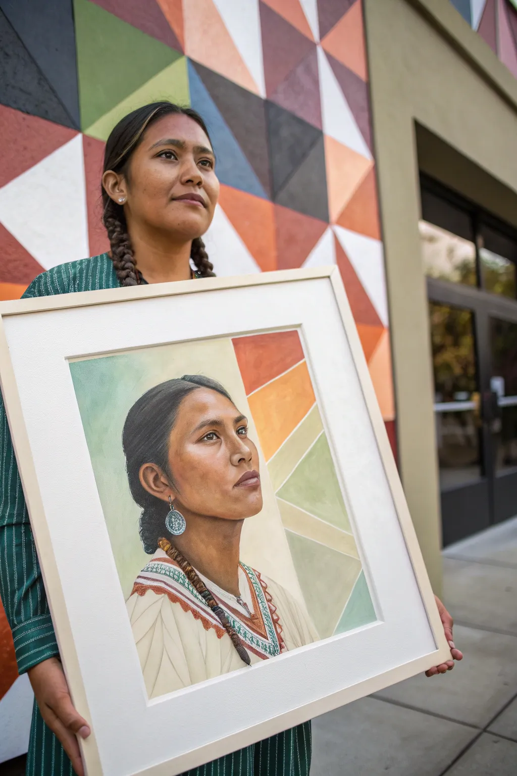 Modern Indigenous portrait with bold color blocks, minimalist boho palette, beadwork focal detail