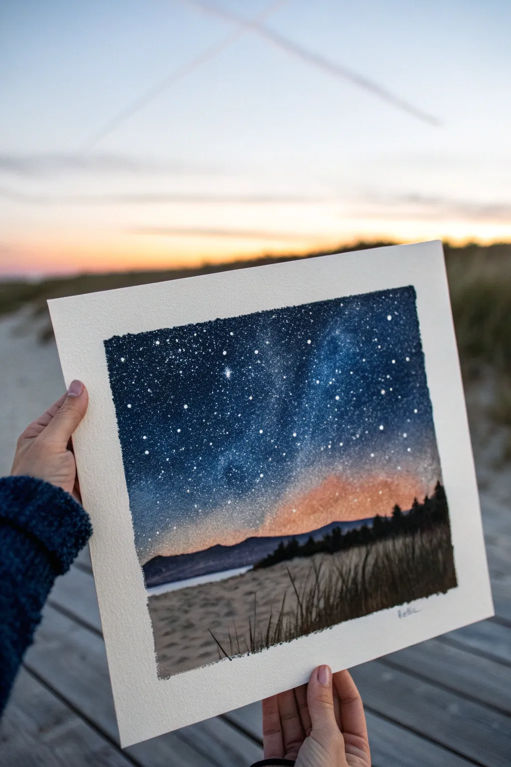 Night sky starscape over a calm meadow, minimalist watercolor inspiration with cozy boho mood
