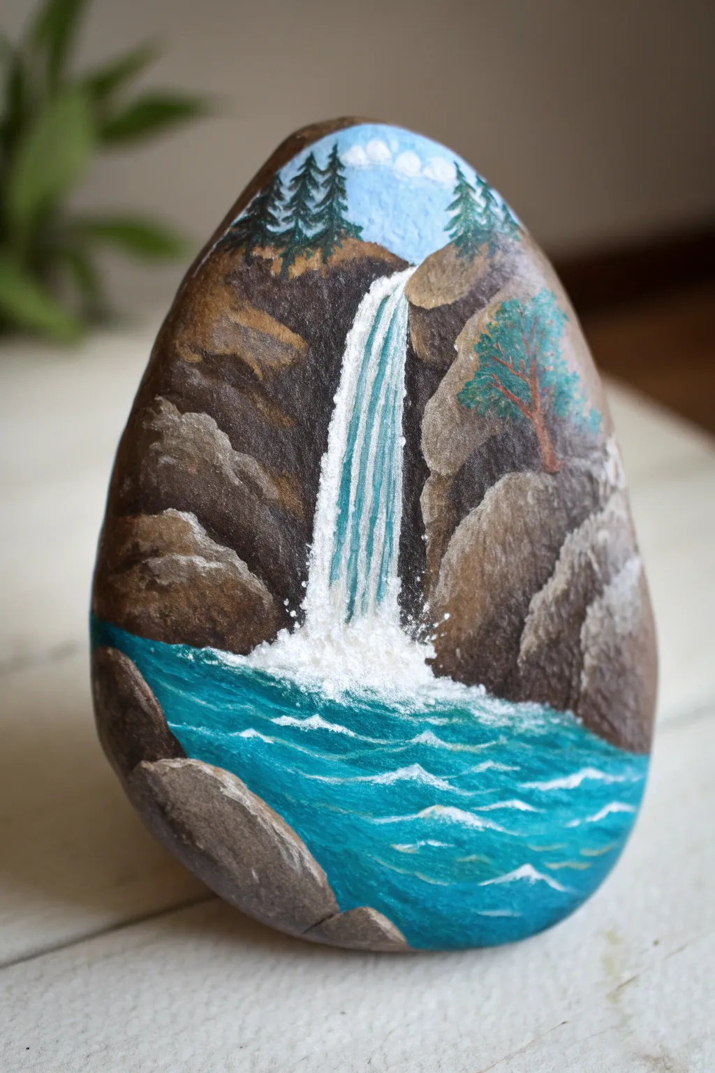 Wraparound waterfall rock with a winding river and misty highlights, simple and calming