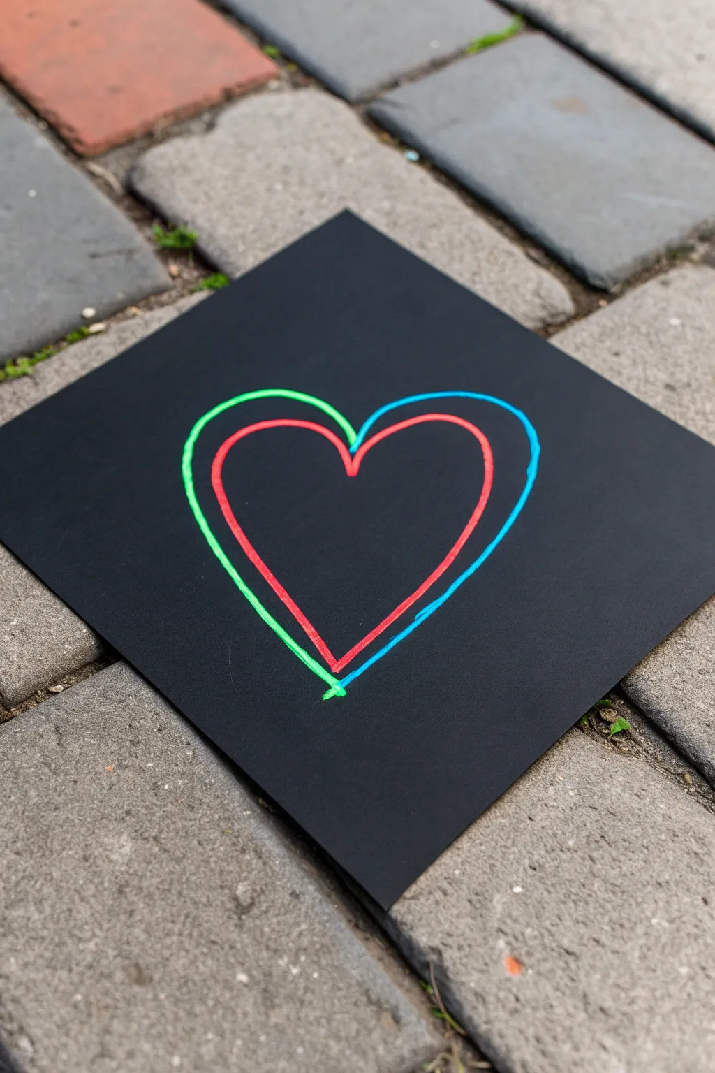 Minimal neon heart glitch with RGB split lines on black, crisp and handmade for bold contrast.